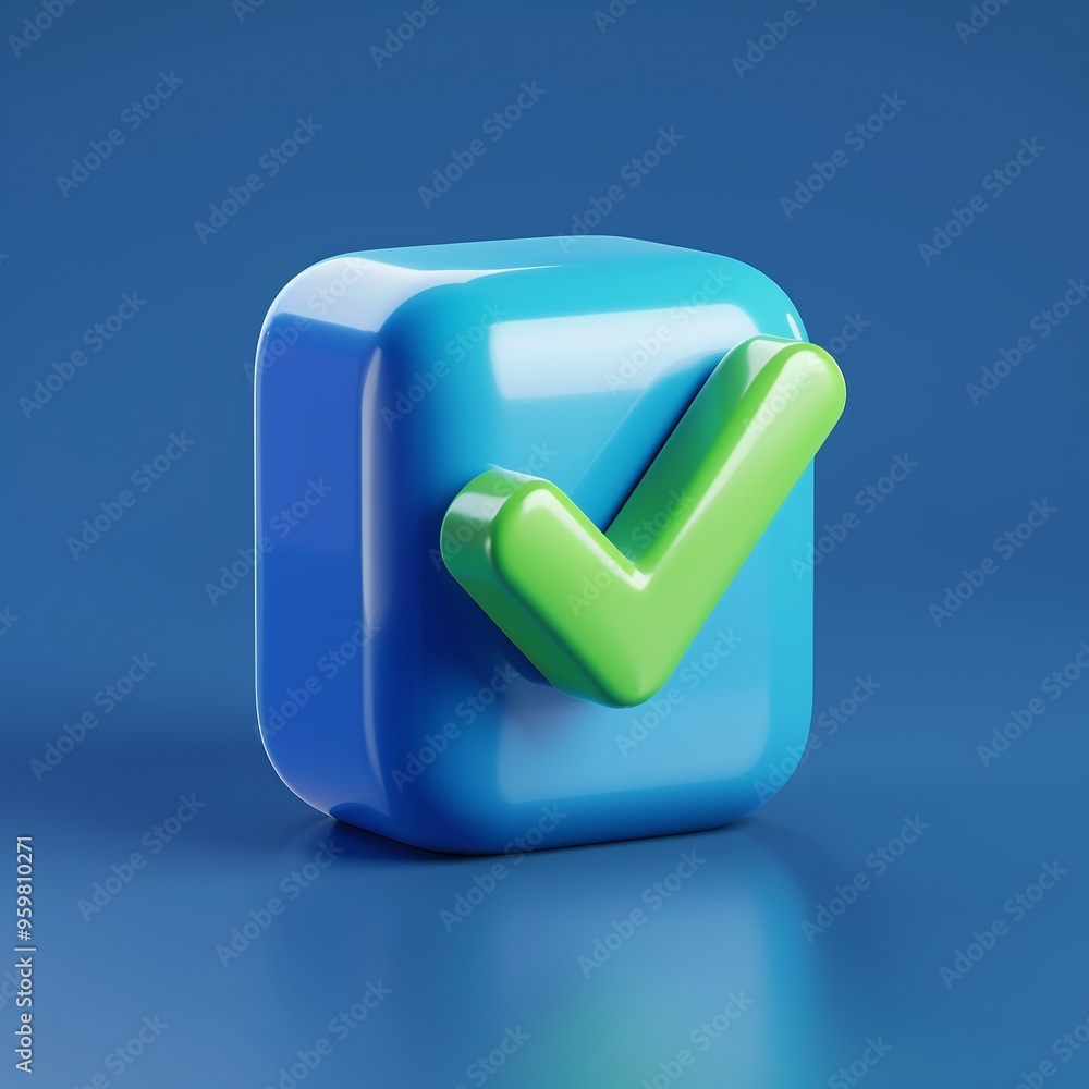 3D rendered check mark icon in blue and green on a solid blue background, representing approval, success, and confirmation. 3D rendered check mark icon in blue and green on a solid blue background, representing approval, success, and confirmation.