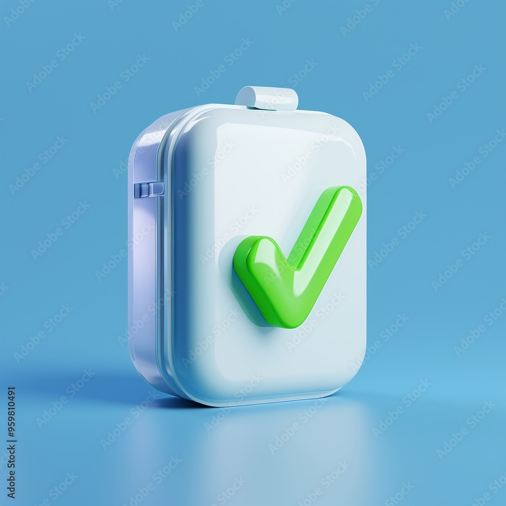 3D rendered illustration of a white container with a green checkmark symbol on a blue background, symbolizing approval or confirmation. 3D rendered illustration of a white container with a green checkmark symbol on a blue background, symbolizing approval or confirmation.