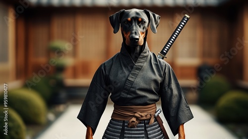 A Doberman in a samurai outfit with a sword, standing in a Japanese garden, serene setting photo