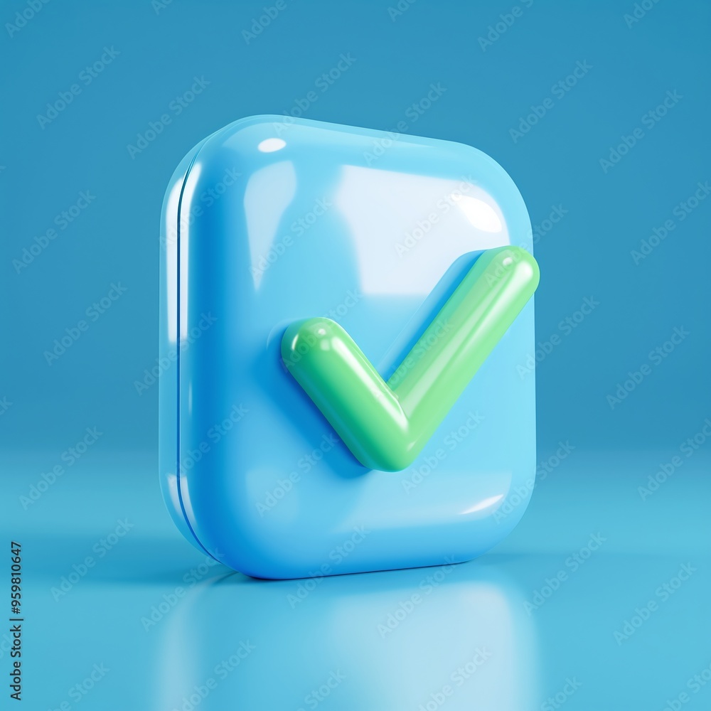 3D rendering of a blue app icon with a green checkmark symbol on a blue background. Perfect for themes of approval, success, and completion. 3D rendering of a blue app icon with a green checkmark symbol on a blue background. Perfect for themes of approval, success, and completion.