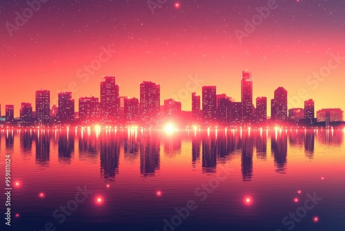 Cityscape Silhouette Reflected in Still Water Under a Starry Sky