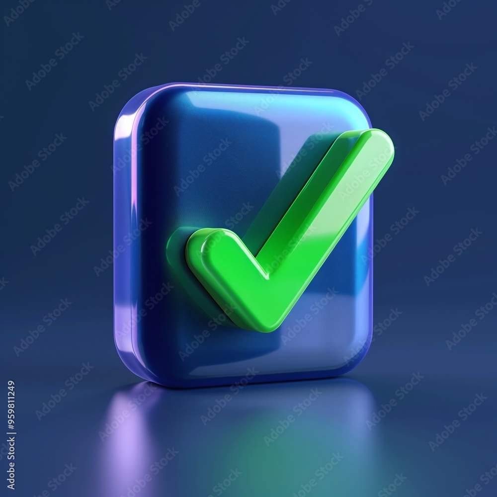 Blue glossy 3D checkmark icon with a green tick, representing approval, validation, or success on a dark gradient background. Blue glossy 3D checkmark icon with a green tick, representing approval, validation, or success on a dark gradient background.