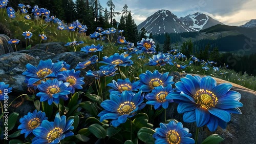 Mountain meadow with blue flowers at sunset