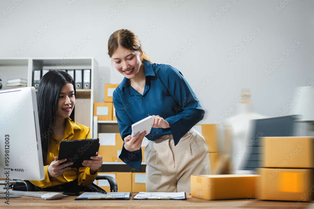 Entrepreneur women working at home about online business. Business owner woman using calculator and laptop working at home office. Entrepreneur women working at home about online business. Business owner woman using calculator and laptop working at home office.