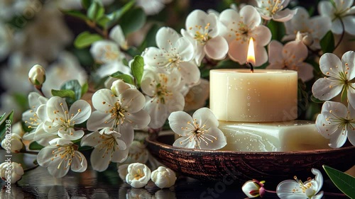 White candle surrounded by cherry blossoms on a dark surface, serene and peaceful atmosphere. Relaxation and tranquility concept