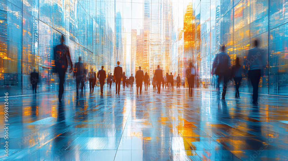 Abstract motion blur of business people walking at corporate office in downtown. Business center concept. Blue color tone. Abstract motion blur of business people walking at corporate office in downtown. Business center concept. Blue color tone.