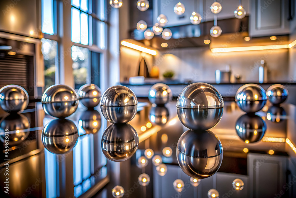 A table with a bunch of shiny silver balls on it. The balls are reflecting light and creating a shiny, almost ethereal effect. The scene is set in a kitchen, with a window in the background A table with a bunch of shiny silver balls on it. The balls are reflecting light and creating a shiny, almost ethereal effect. The scene is set in a kitchen, with a window in the background