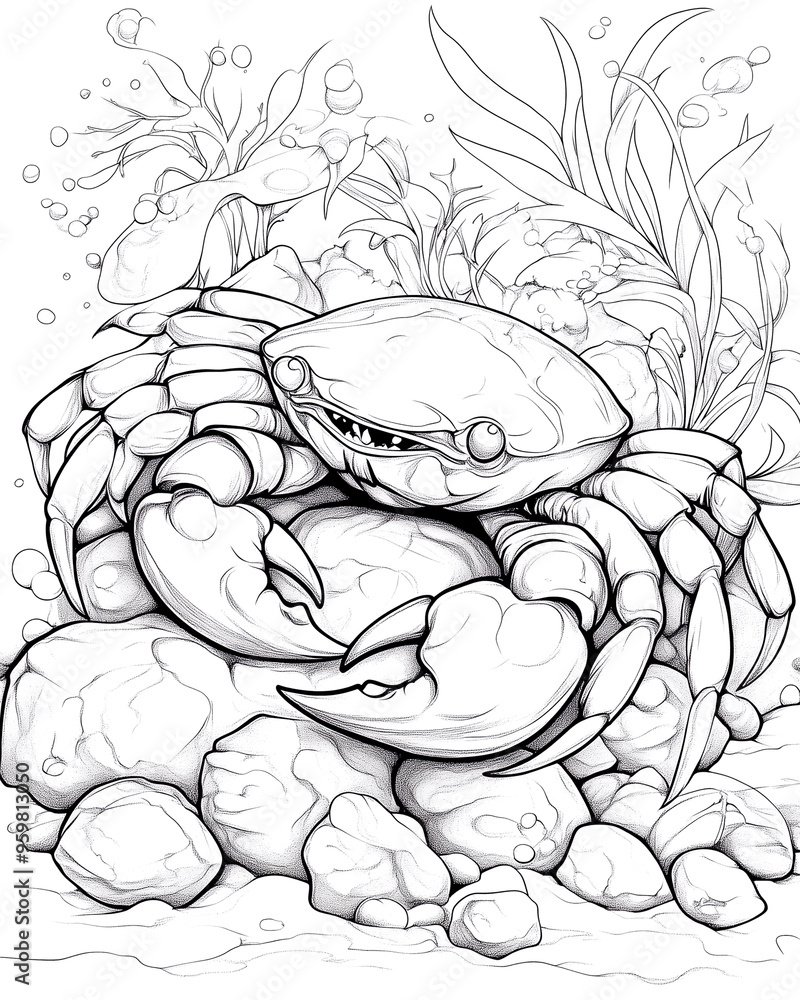 A crab is sitting on a rock in a drawing A crab is sitting on a rock in a drawing