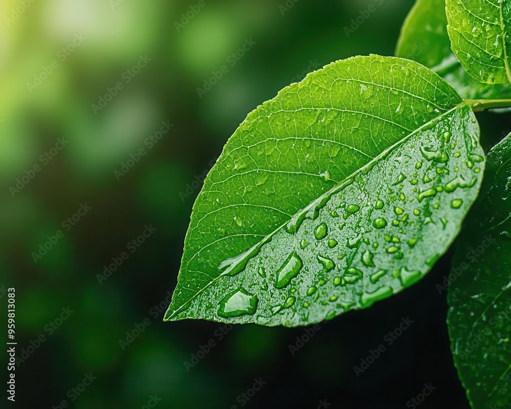 Dew drops on a leaf at dawn, symbolizing freshness and renewal Dew drops on a leaf at dawn, symbolizing freshness and renewal