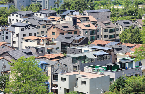 Osan-si, Gyeonggi-do, South Korea - May 30, 2021: High angle view of townhouses in spring