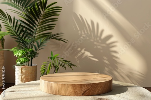 Wooden platform with plant shadows