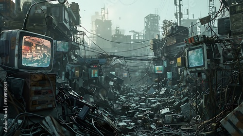 A hacker's hideout in a sprawling junkyard, with makeshift screens made from salvaged parts, a chaotic tangle of wires, old tech scattered around,  photo