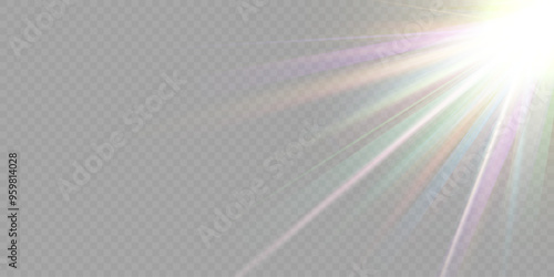 Rainbow crystal star. Crystal ray light, sun shines rainbow red yellow and blue color. Optical fire light effect. Vector lens glare leakage glare reflection effect. Sparkle shine. Sunlight
