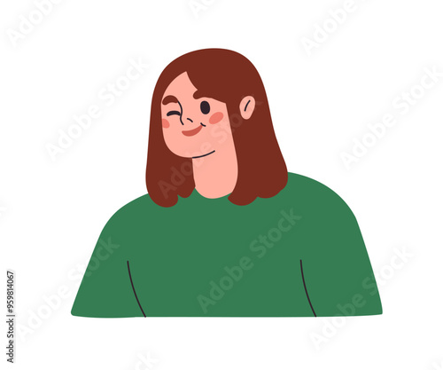 Woman winking with happy playful smile. Girl portrait, looking with cute face expression, funny emotion, head avatar. Young female character. Flat vector illustration isolated on white background