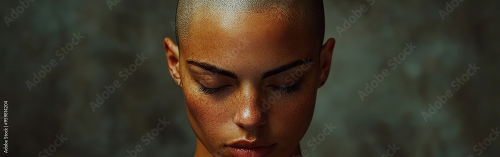 Fototapeta premium Empowered young woman with shaved head standing against floral background