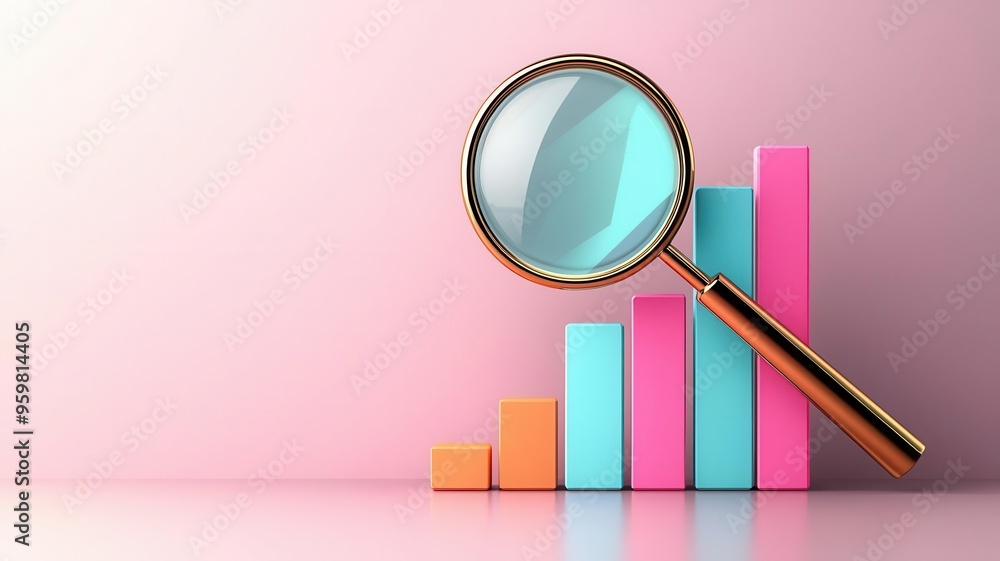 Multicolor graphs, magnifying glass highlighting fluctuation points, 3D illustration Multicolor graphs, magnifying glass highlighting fluctuation points, 3D illustration