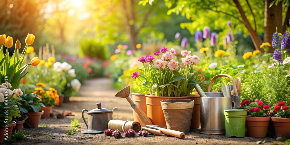Gardening Tools and Flowerpots in Sunny Garden Path with Blooming Flowers, Ideal for Outdoor and Nature Themed Projects. AI generative Gardening Tools and Flowerpots in Sunny Garden Path with Blooming Flowers, Ideal for Outdoor and Nature Themed Projects. AI generative