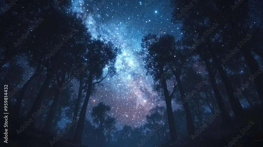 Fototapeta premium Beautiful bright Milky Way galaxy in a dark forest depicted in a 3D cartoon rendering Starry sky night landscape