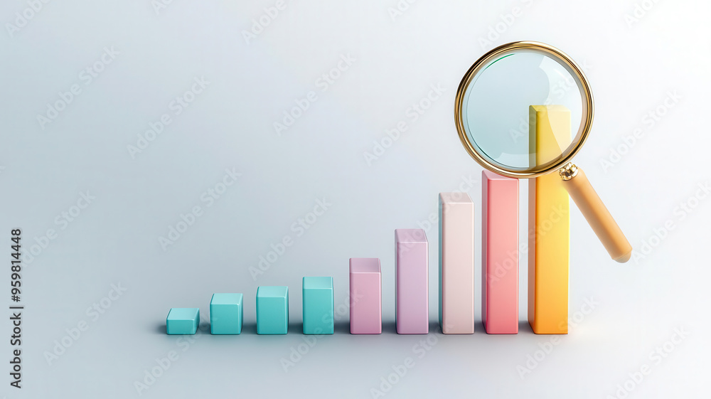 Multicolored bar chart, magnifying glass emphasizing highest point, 3D illustration Multicolored bar chart, magnifying glass emphasizing highest point, 3D illustration