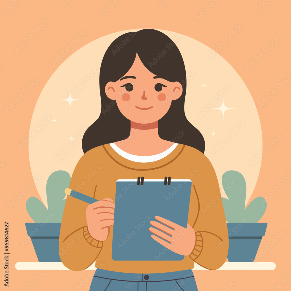 Modern Cartoon Illustration of a Woman with a Clipboard Flat Vector Design Modern Cartoon Illustration of a Woman with a Clipboard Flat Vector Design