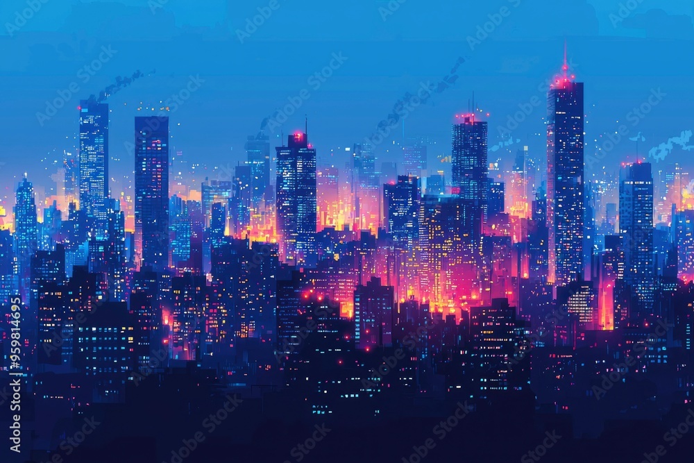 Fototapeta premium Neon-Lit Cityscape with Illuminated Windows and Skyscrapers at Dusk