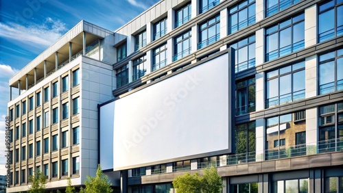 odern building facade with a large blank billboard, ideal for advertisement. The building has reflective windows, and the blue sky provides a clean backdrop. Perfect for adding text or graphics.