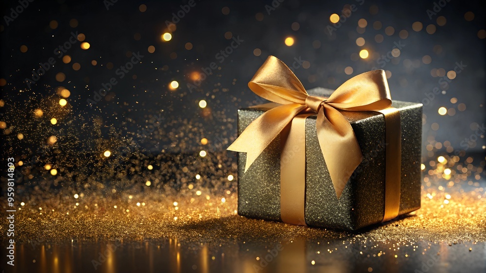 Gift box and golden ribbon on black background with glitter. Black friday sale concept. AI generative Gift box and golden ribbon on black background with glitter. Black friday sale concept. AI generative