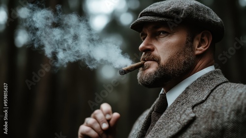 A man with a beard and hat, smoking a cigar in the forest, giving an intense and focused look, adding a sense of ruggedness to the image. photo