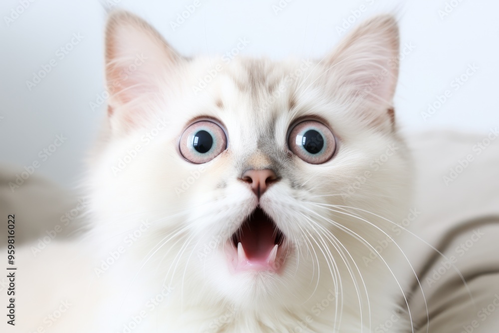 Surprised white cat with wide eyes sitting on a soft surface indoors during daylight hours Surprised white cat with wide eyes sitting on a soft surface indoors during daylight hours