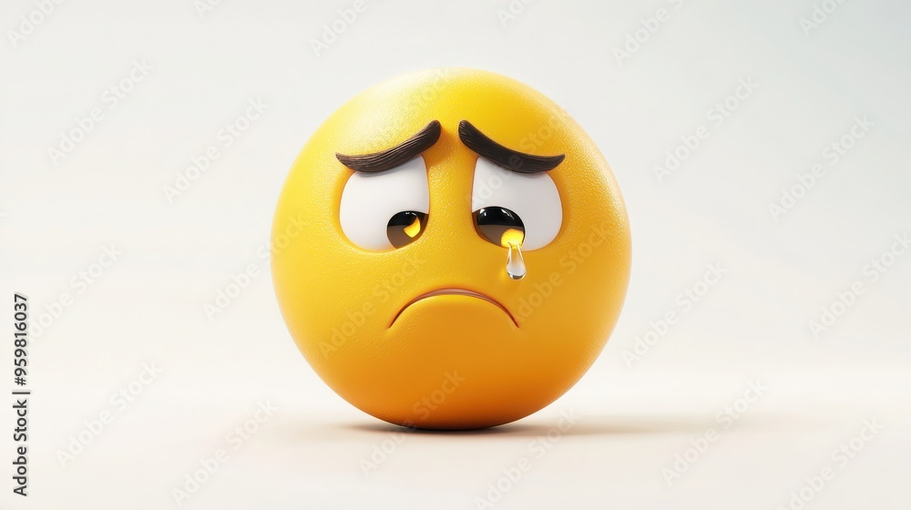 A 3D cartoon emoji with a single tear rolling down its cheek, expressing sadness, with a small frown and drooping eyes, on a white background A 3D cartoon emoji with a single tear rolling down its cheek, expressing sadness, with a small frown and drooping eyes, on a white background