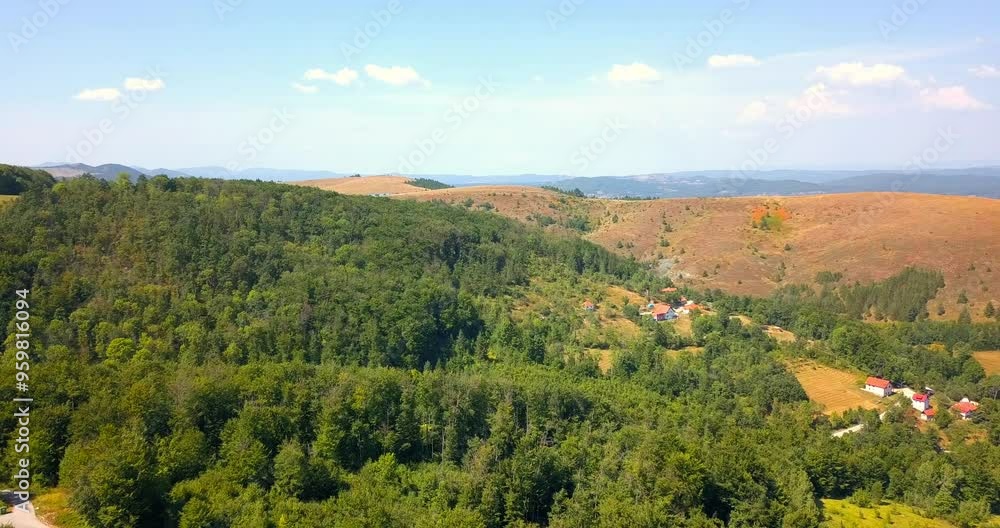 Aerial nature landscape flight over picturesque hills mountains forests meadows Aerial nature landscape flight over picturesque hills mountains forests meadows