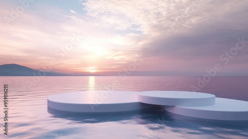 Floating podium exhibition stand on a water surface 3D illustration