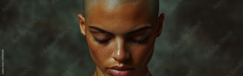 Fototapeta premium Empowered young woman with shaved head standing against floral background