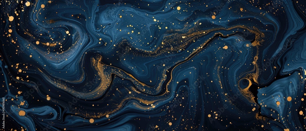 Abstract Blue and Gold Swirls with Glittering Stars Abstract Blue and Gold Swirls with Glittering Stars