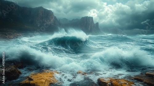 Powerful Waves Crashing Against Rugged Coastline