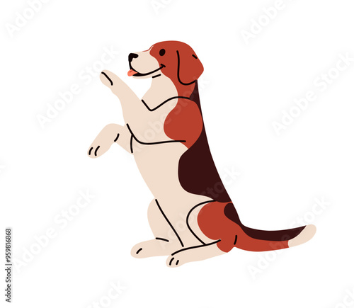 Cute dog giving paw, high five gesture. Smart trained obedient happy puppy. Educated doggy, canine animal skill. Funny pup greeting position. Flat vector illustration isolated on white background