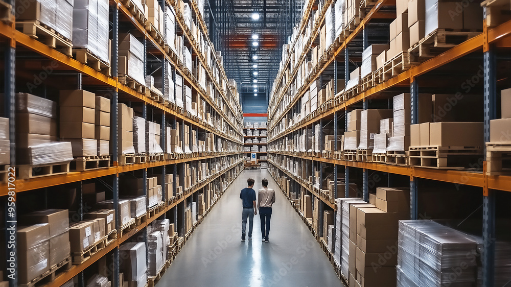 A wide-angle view of warehouse workers walking through the shelves, surrounded by boxes and pallets filled with goods. A wide-angle view of warehouse workers walking through the shelves, surrounded by boxes and pallets filled with goods.