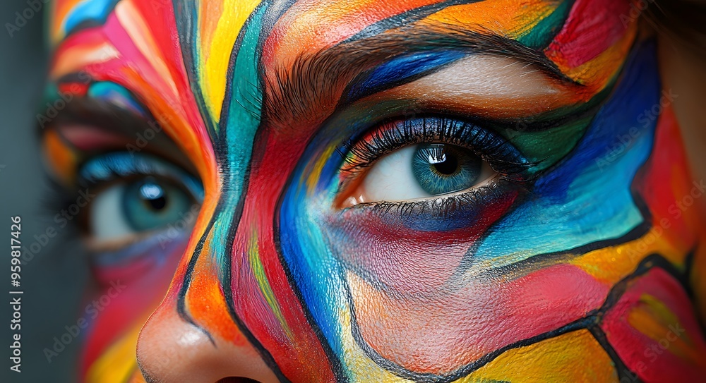 40. **Colorful face art with vibrant, multi-hued patterns and dynamic textures** 40. **Colorful face art with vibrant, multi-hued patterns and dynamic textures**