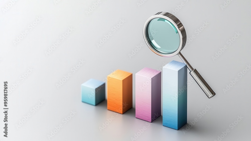 Multicolored bar chart, magnifying glass emphasizing highest point, 3D illustration Multicolored bar chart, magnifying glass emphasizing highest point, 3D illustration