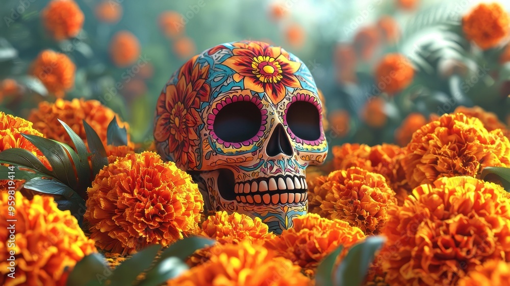 Sugar Skull in Marigold Flowers. Sugar Skull in Marigold Flowers.