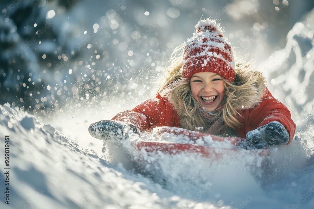 Happy girl sledding in the snow. Happy girl sledding in the snow.