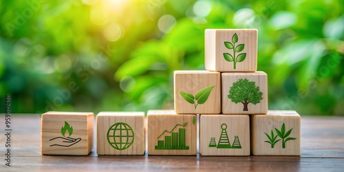 Wooden cubes with ESG icons and green plant symbolizing sustainable investment and organizational development for environmental and social governance. AI generative
