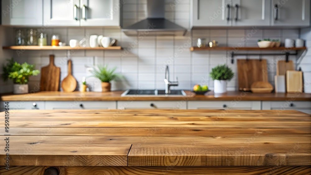Wooden table on blurred kitchen bench background. Empty wooden table and blurred kitchen background. AI generative Wooden table on blurred kitchen bench background. Empty wooden table and blurred kitchen background. AI generative