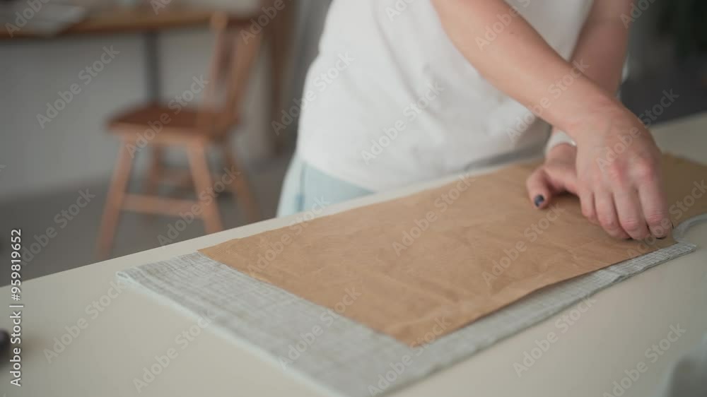 Paper pattern piece located on table on top of sewing material. Person pulling out small pins and needles used for grip. Preparing dress or t-shirt. Bright studio. Dressmaking process. Paper pattern piece located on table on top of sewing material. Person pulling out small pins and needles used for grip. Preparing dress or t-shirt. Bright studio. Dressmaking process.
