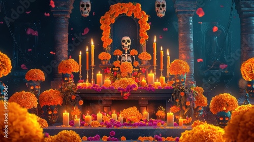 Day of the Dead Altar with Skulls and Marigolds. photo