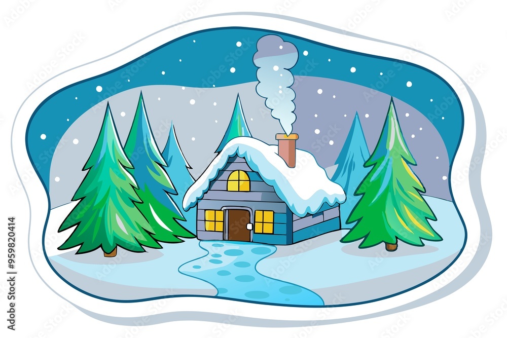 Cozy winter cabin with snow-covered roof and pine trees in a snowy landscape Cozy winter cabin with snow-covered roof and pine trees in a snowy landscape