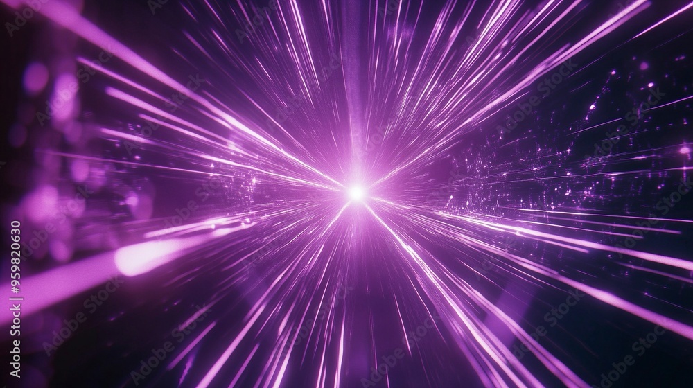 Naklejka premium Purple neon light streaks radiating from the center on a dark background, evoking themes of technology, big data, and bots. generative ai