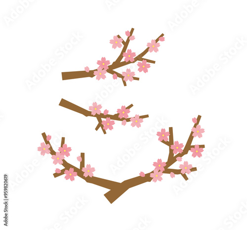 桜の木の枝のイラスト素材セット、シンプルな桜の花と枝のパーツ