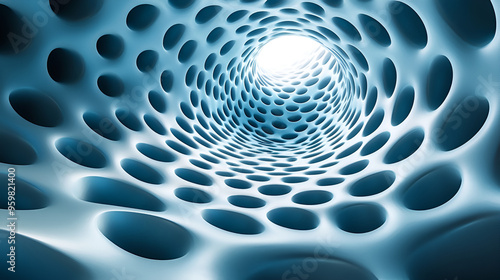 An abstract view of a futuristic tunnel filled with rounded openings, illuminated by bright light at the end