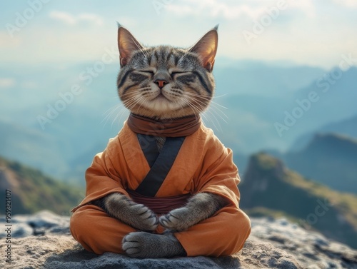 A cat dressed as a monk meditates serenely on a mountain top, capturing a blend of peace and humor against a stunning natural backdrop.